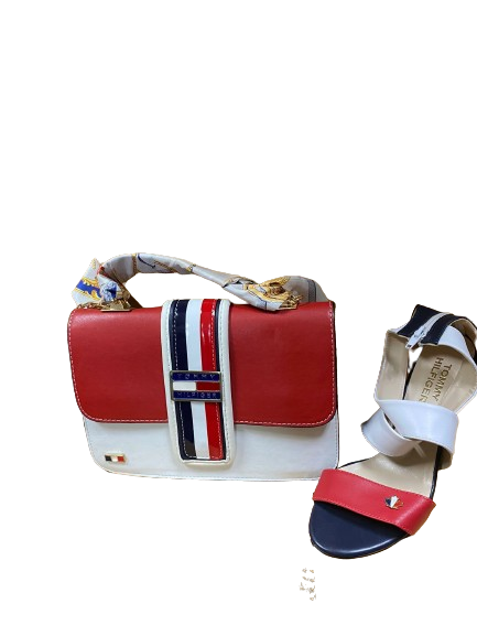 red & blue & white shoe and bag